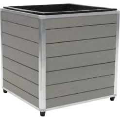 WPC Quader Monaco Grau Mit Alurahmen Silber Mit PP-Pflanzeinsatz 43 X 43 X 42 Cm